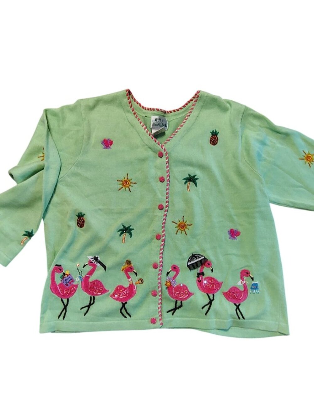 Quacker Factory 2X Green Cardigan, Sequin Embroidered Pink Flamingo Pineapple